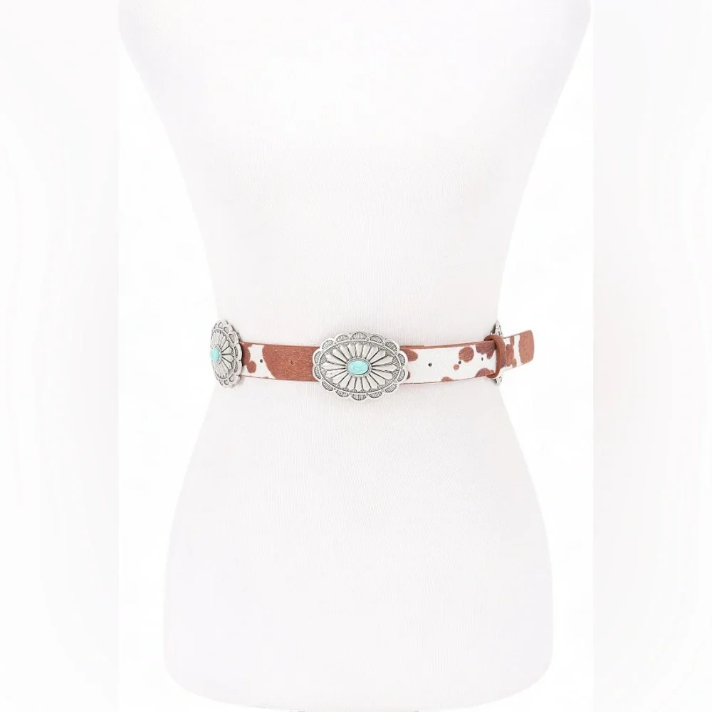 Vegan Leather Animal Print Western Concho Statement Belts with Turquoise Accents